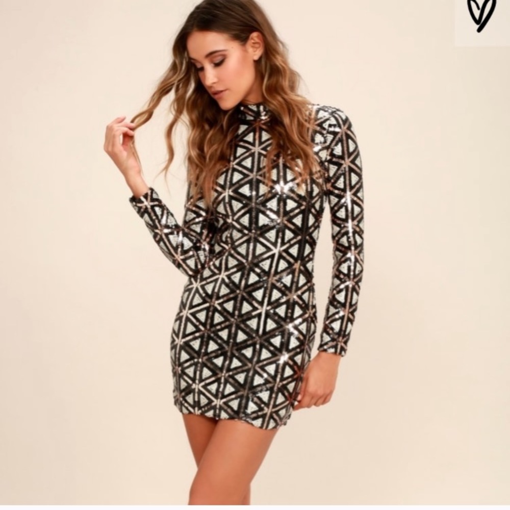 Lulu's Black and Silver Geometric Mini Dress